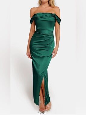 NEW Popilush Shapewear Off Shoulder Shine Ruched Sculpting Emerald Green Dress L
